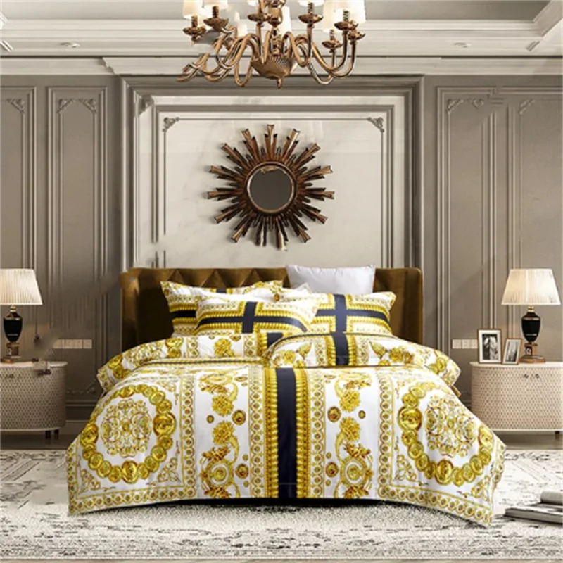 Luxury Modern Style Digital Printing Cotton Fabric Bedding Set Duvet Cover Linen Fitted Sheet Pillowcases Home Textile