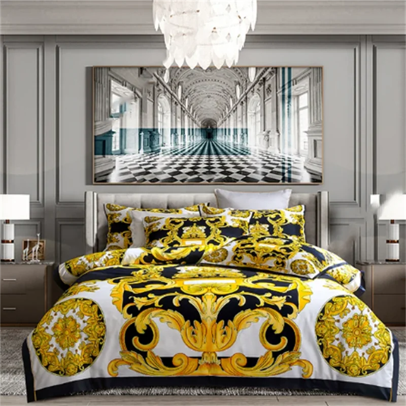 Luxury Modern Style Digital Printing Cotton Fabric Bedding Set Duvet Cover Linen Fitted Sheet Pillowcases Home Textile