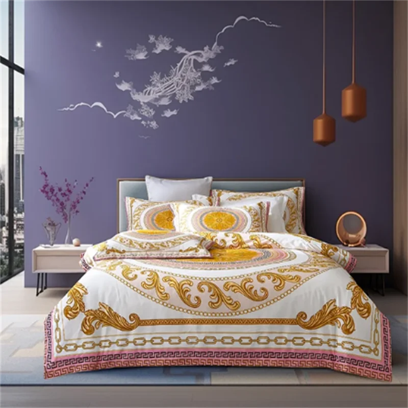 Luxury Modern Style Digital Printing Cotton Fabric Bedding Set Duvet Cover Linen Fitted Sheet Pillowcases Home Textile