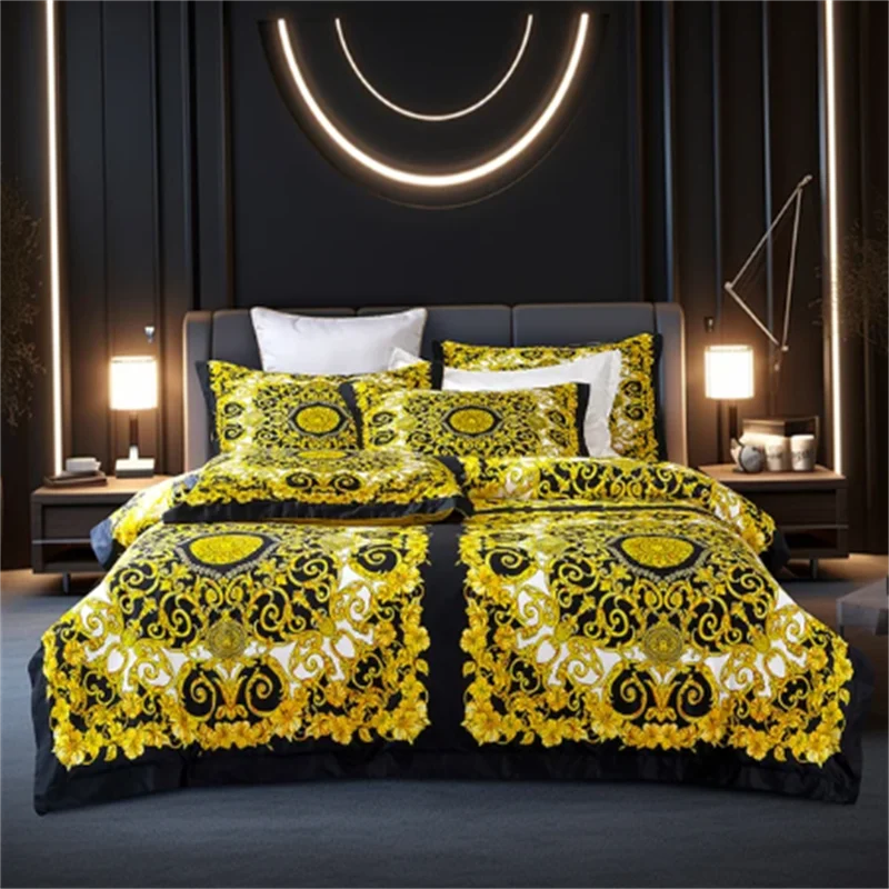 Luxury Modern Style Digital Printing Cotton Fabric Bedding Set Duvet Cover Linen Fitted Sheet Pillowcases Home Textile