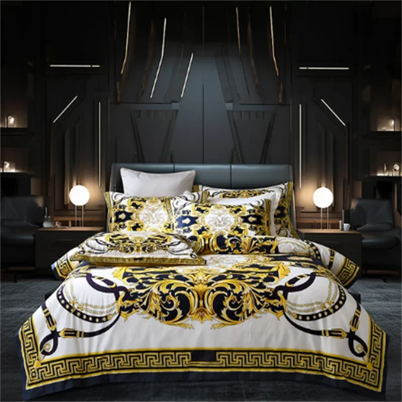 Luxury Modern Style Digital Printing Cotton Fabric Bedding Set Duvet Cover Linen Fitted Sheet Pillowcases Home Textile