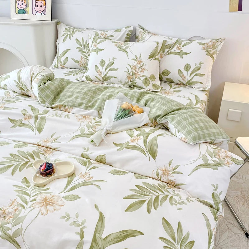 Garden Style Floral Duvet Cover 100% Cotton Boho Aesthetic Green Botanical Bedding Set with Colorful Flower Print Pattern 3Piece