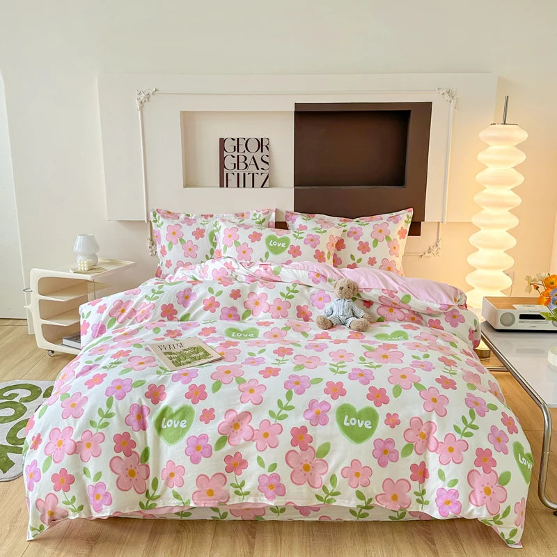 Garden Style Floral Duvet Cover 100% Cotton Boho Aesthetic Green Botanical Bedding Set with Colorful Flower Print Pattern 3Piece