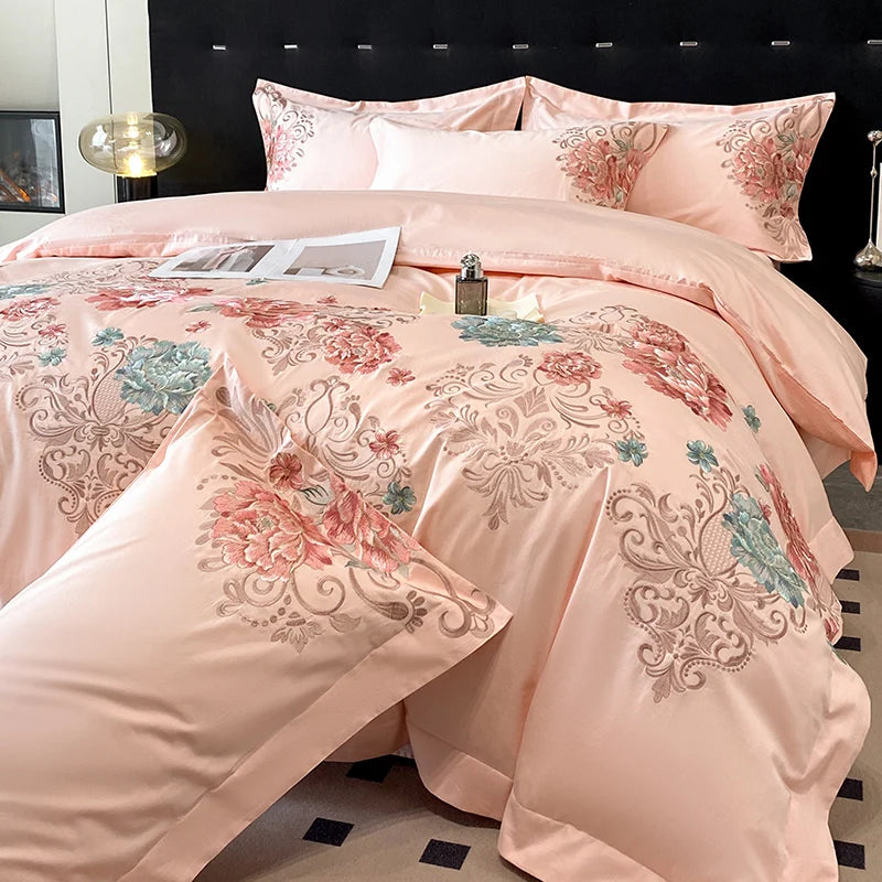 Milk White Bedding Set Luxury, Royal Golden Embroidery Duvet Cover, Flat and Fitted Bed Sheet Cotton,Pillowcases, Home Textiles