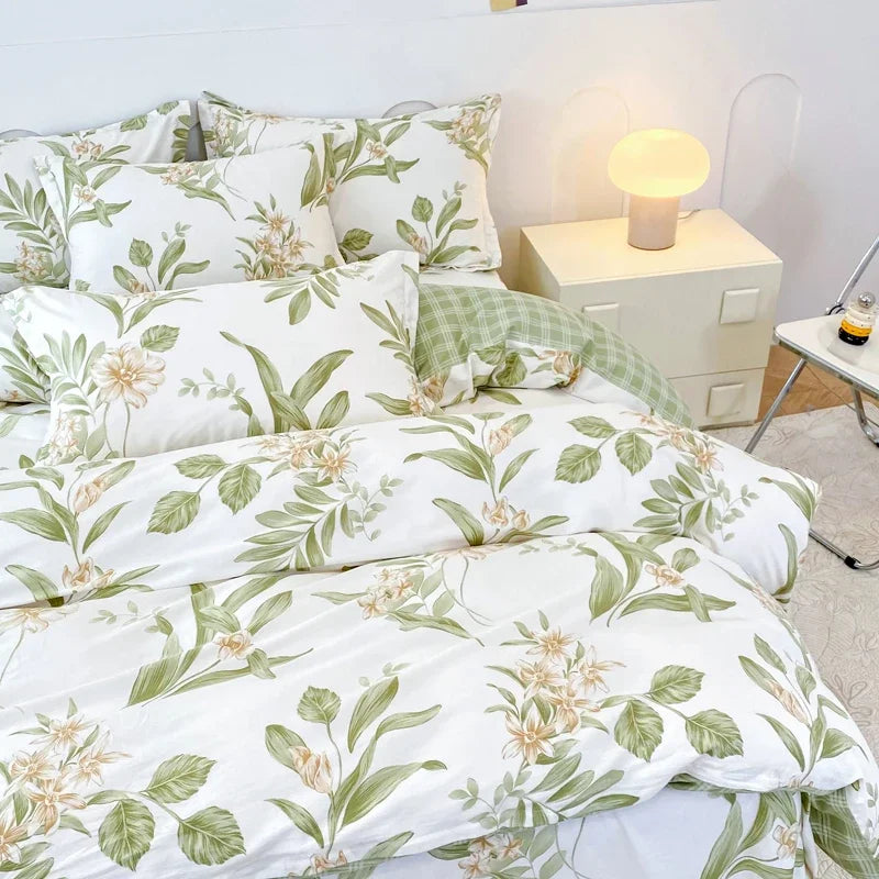 Garden Style Floral Duvet Cover 100% Cotton Boho Aesthetic Green Botanical Bedding Set with Colorful Flower Print Pattern 3Piece