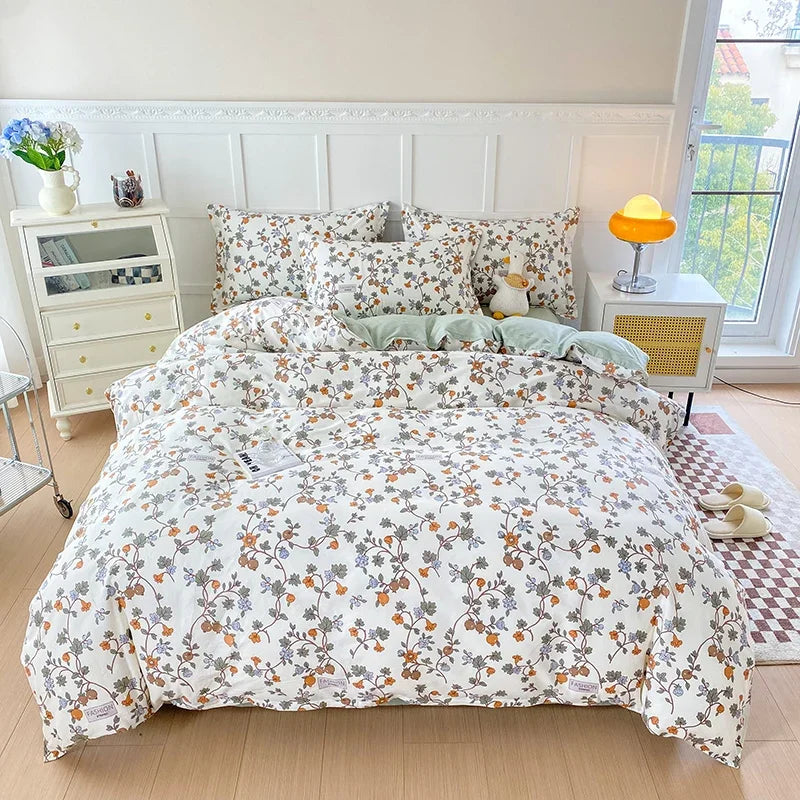 Garden Style Floral Duvet Cover 100% Cotton Boho Aesthetic Green Botanical Bedding Set with Colorful Flower Print Pattern 3Piece