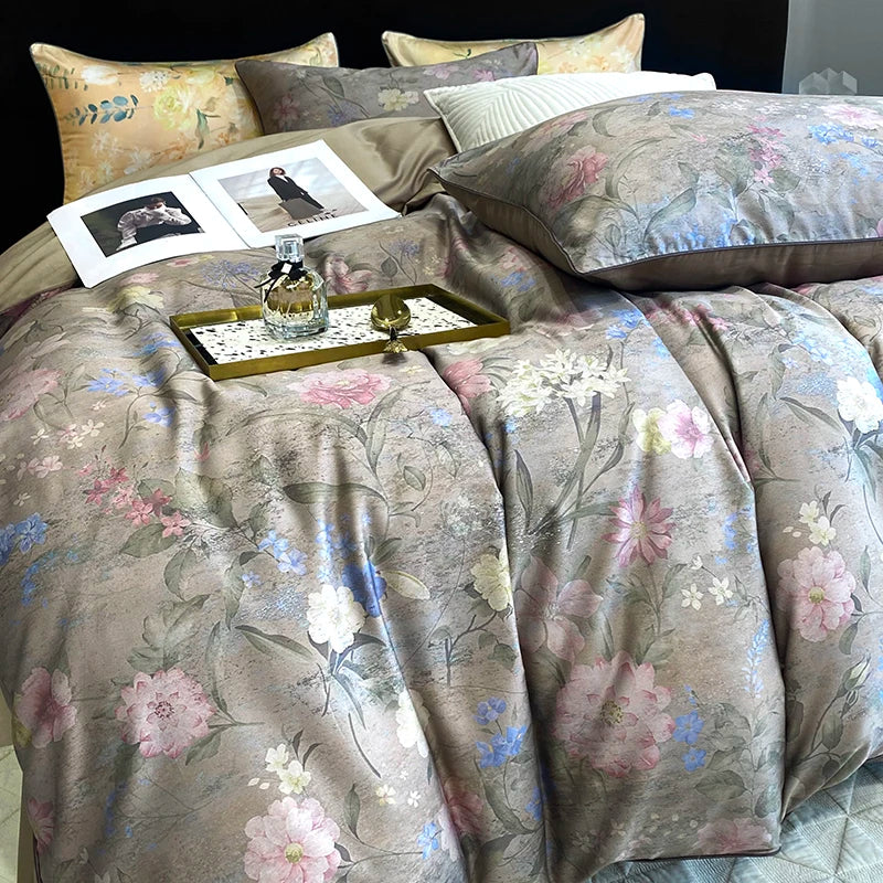 1000TC Egyptian Cotton Bedding Set, Vintage Oil Painting Style, Plant Flowers Pattern, Soft, Duvet Cover, Bed Sheet, Pillowcases