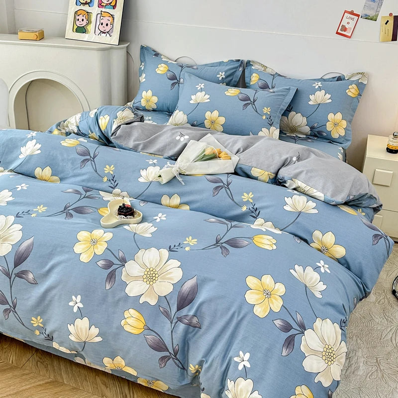 Garden Style Floral Duvet Cover 100% Cotton Boho Aesthetic Green Botanical Bedding Set with Colorful Flower Print Pattern 3Piece