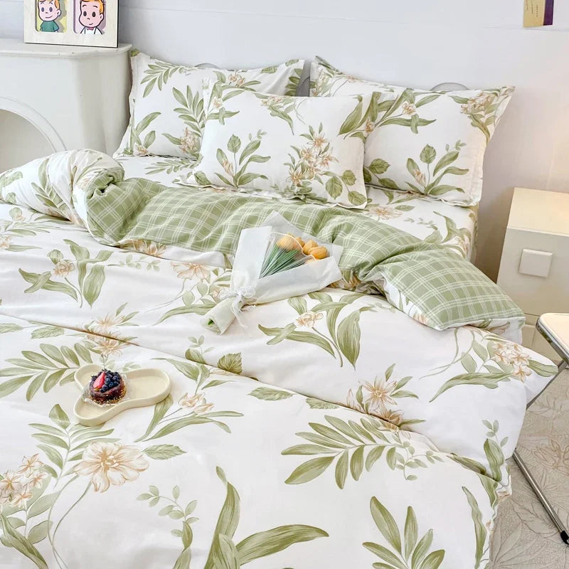 Garden Style Floral Duvet Cover 100% Cotton Boho Aesthetic Green Botanical Bedding Set with Colorful Flower Print Pattern 3Piece