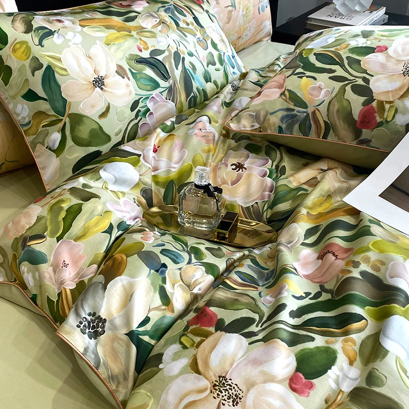 1000TC Egyptian Cotton Bedding Set, Vintage Oil Painting Style, Plant Flowers Pattern, Soft, Duvet Cover, Bed Sheet, Pillowcases