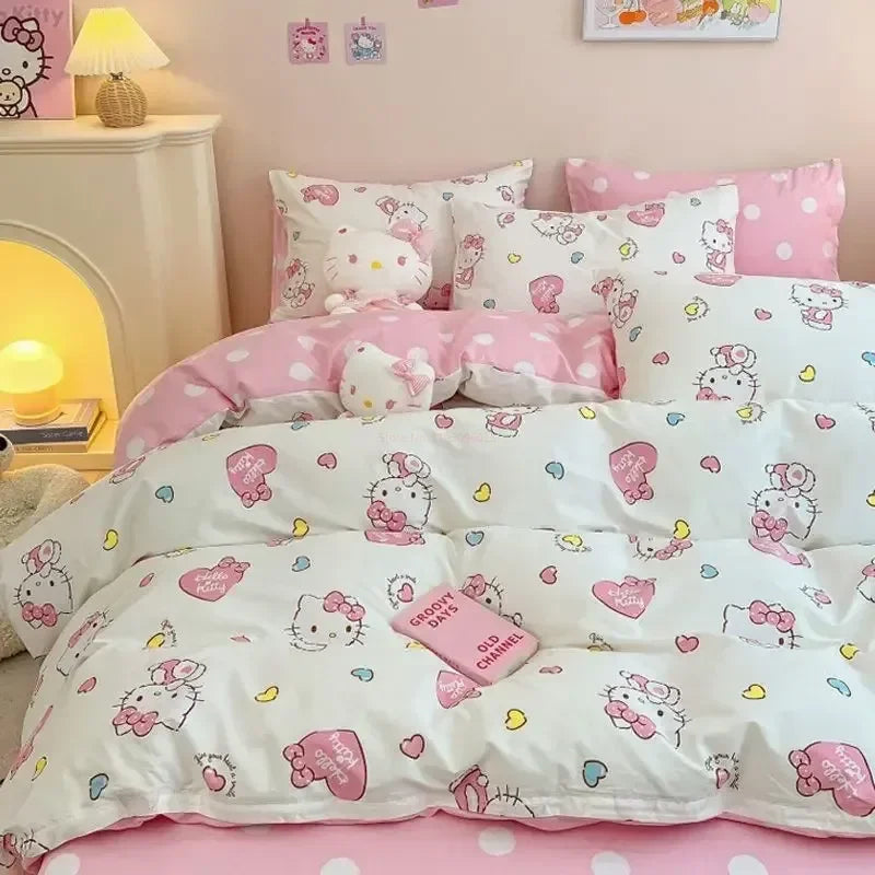 Hello Kitty 4Pcs/set Kawaii Anime Cartoon Bedding Quilt Cover Student Bedding Soft Microfiber Bedspread Lightweight Coverlet