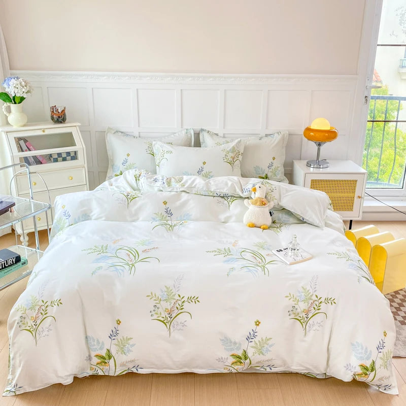 Garden Style Floral Duvet Cover 100% Cotton Boho Aesthetic Green Botanical Bedding Set with Colorful Flower Print Pattern 3Piece