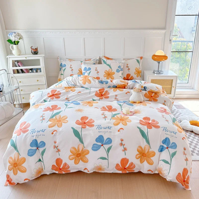 Garden Style Floral Duvet Cover 100% Cotton Boho Aesthetic Green Botanical Bedding Set with Colorful Flower Print Pattern 3Piece