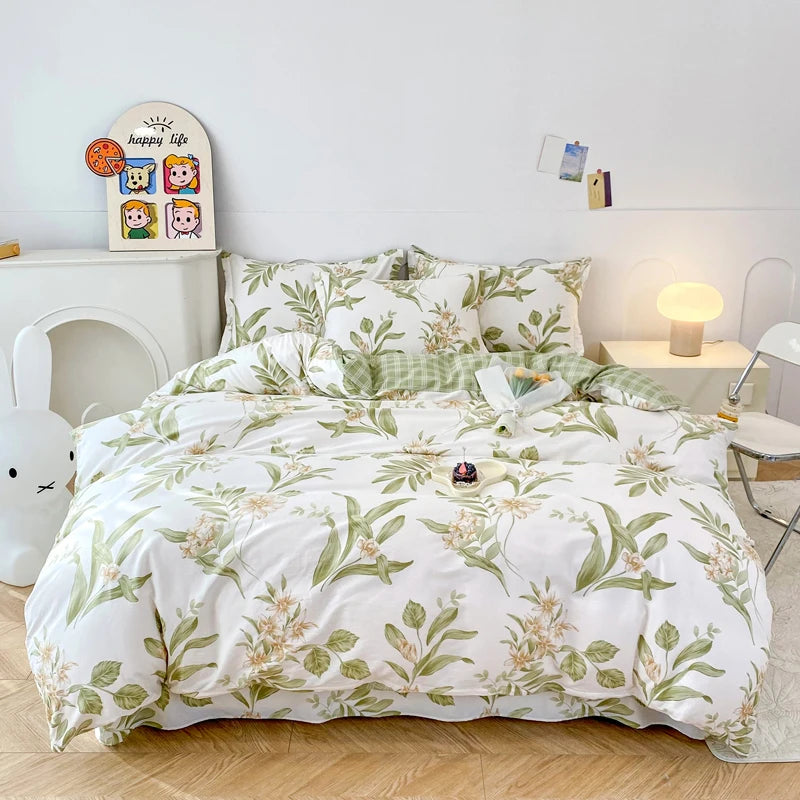 Garden Style Floral Duvet Cover 100% Cotton Boho Aesthetic Green Botanical Bedding Set with Colorful Flower Print Pattern 3Piece