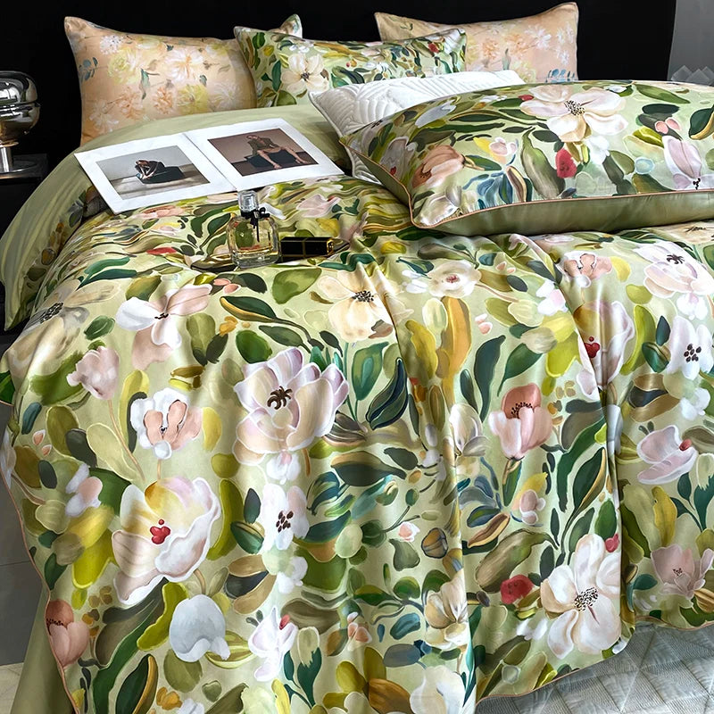 1000TC Egyptian Cotton Bedding Set, Vintage Oil Painting Style, Plant Flowers Pattern, Soft, Duvet Cover, Bed Sheet, Pillowcases