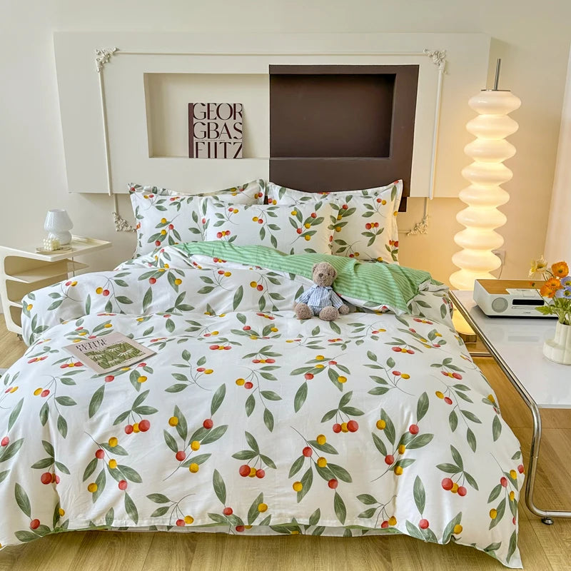 Garden Style Floral Duvet Cover 100% Cotton Boho Aesthetic Green Botanical Bedding Set with Colorful Flower Print Pattern 3Piece