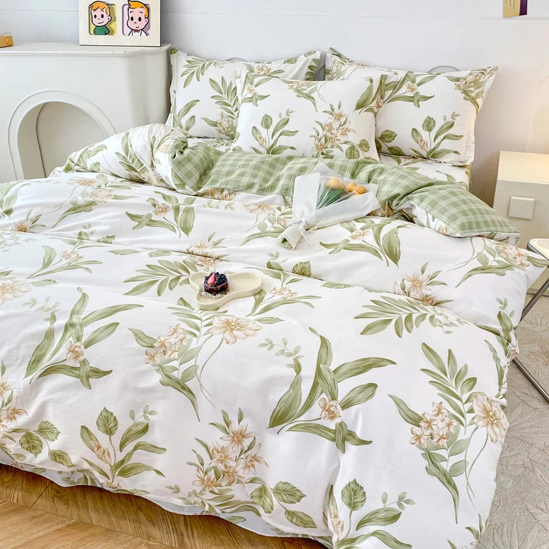 Garden Style Floral Duvet Cover 100% Cotton Boho Aesthetic Green Botanical Bedding Set with Colorful Flower Print Pattern 3Piece