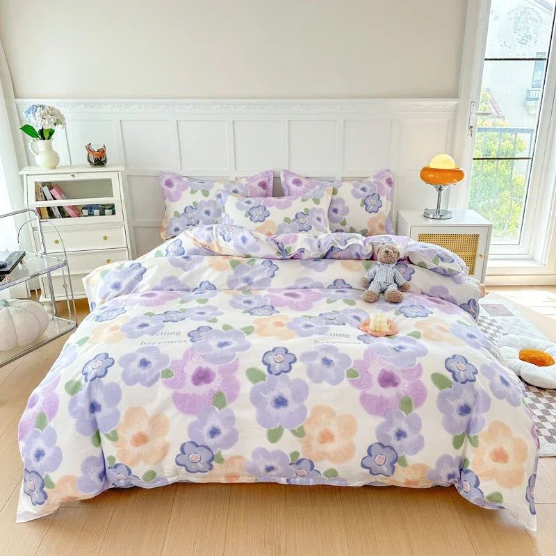 Garden Style Floral Duvet Cover 100% Cotton Boho Aesthetic Green Botanical Bedding Set with Colorful Flower Print Pattern 3Piece