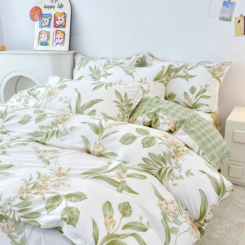 Garden Style Floral Duvet Cover 100% Cotton Boho Aesthetic Green Botanical Bedding Set with Colorful Flower Print Pattern 3Piece