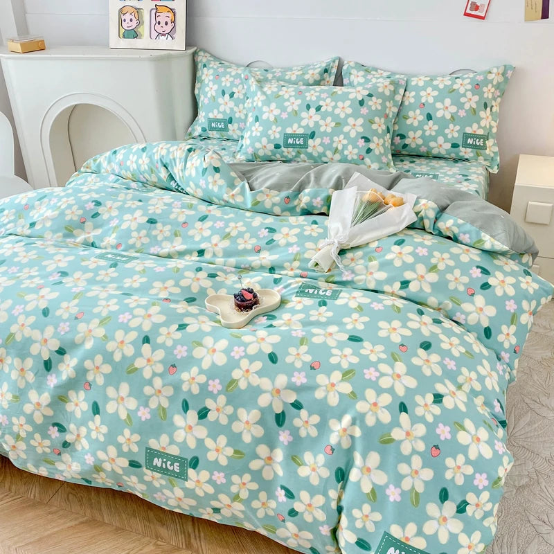 Garden Style Floral Duvet Cover 100% Cotton Boho Aesthetic Green Botanical Bedding Set with Colorful Flower Print Pattern 3Piece