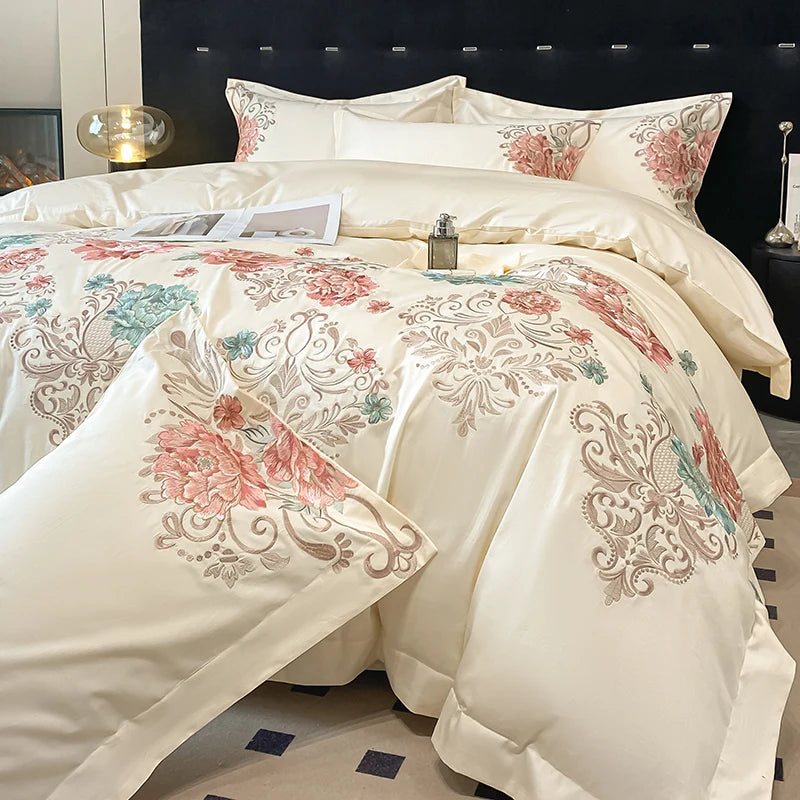 Milk White Bedding Set Luxury, Royal Golden Embroidery Duvet Cover, Flat and Fitted Bed Sheet Cotton,Pillowcases, Home Textiles