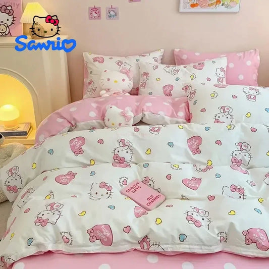 Hello Kitty 4Pcs/set Kawaii Anime Cartoon Bedding Quilt Cover Student Bedding Soft Microfiber Bedspread Lightweight Coverlet