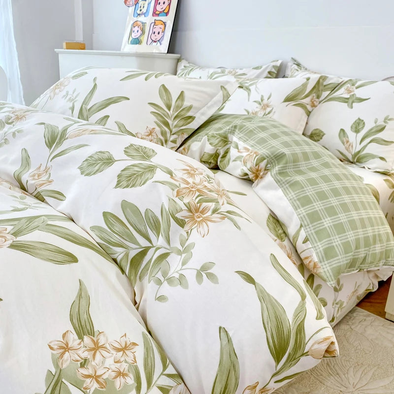 Garden Style Floral Duvet Cover 100% Cotton Boho Aesthetic Green Botanical Bedding Set with Colorful Flower Print Pattern 3Piece