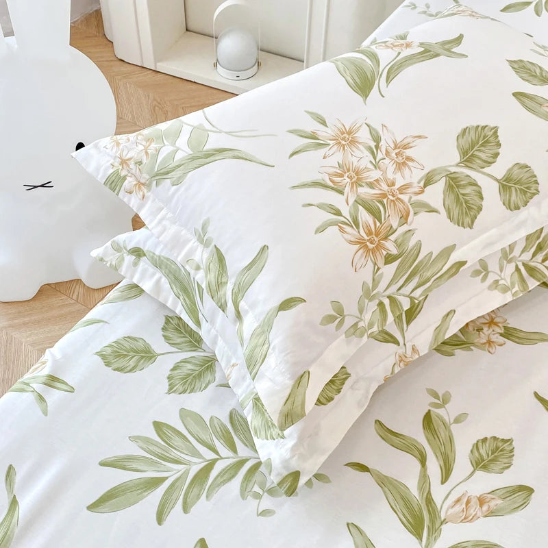 Garden Style Floral Duvet Cover 100% Cotton Boho Aesthetic Green Botanical Bedding Set with Colorful Flower Print Pattern 3Piece