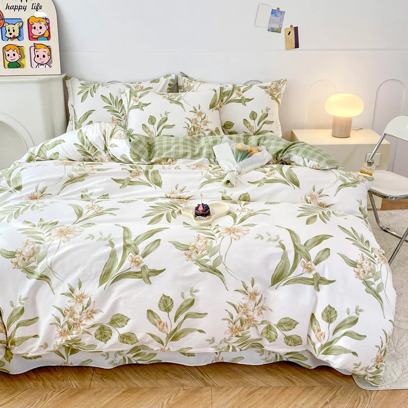 Garden Style Floral Duvet Cover 100% Cotton Boho Aesthetic Green Botanical Bedding Set with Colorful Flower Print Pattern 3Piece