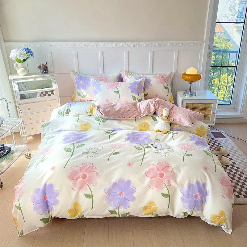 Garden Style Floral Duvet Cover 100% Cotton Boho Aesthetic Green Botanical Bedding Set with Colorful Flower Print Pattern 3Piece