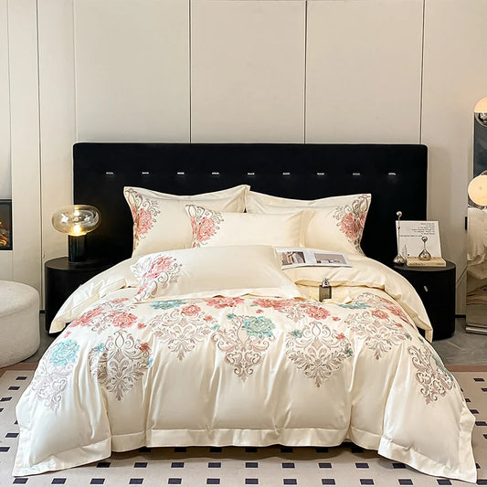 Milk White Bedding Set Luxury, Royal Golden Embroidery Duvet Cover, Flat and Fitted Bed Sheet Cotton,Pillowcases, Home Textiles