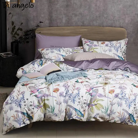 Flower Bird Digital Printing Bedding Sets 600TC Egyptian Cotton 4pcs Bed Linen Duvet Cover Set Luxury Bed Sheets Pillowcases #s