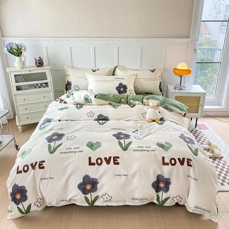 Garden Style Floral Duvet Cover 100% Cotton Boho Aesthetic Green Botanical Bedding Set with Colorful Flower Print Pattern 3Piece