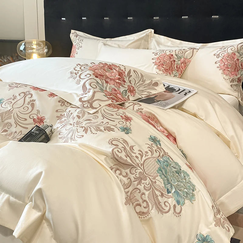 Milk White Bedding Set Luxury, Royal Golden Embroidery Duvet Cover, Flat and Fitted Bed Sheet Cotton,Pillowcases, Home Textiles