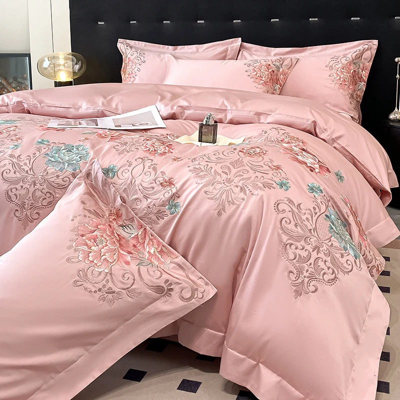 Milk White Bedding Set Luxury, Royal Golden Embroidery Duvet Cover, Flat and Fitted Bed Sheet Cotton,Pillowcases, Home Textiles