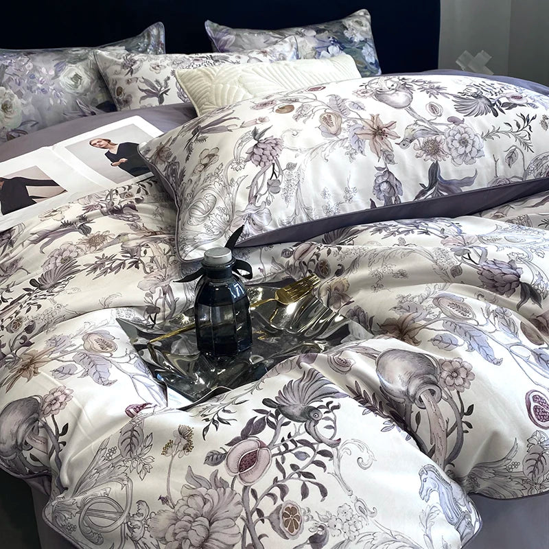 1000TC Egyptian Cotton Bedding Set, Vintage Oil Painting Style, Plant Flowers Pattern, Soft, Duvet Cover, Bed Sheet, Pillowcases