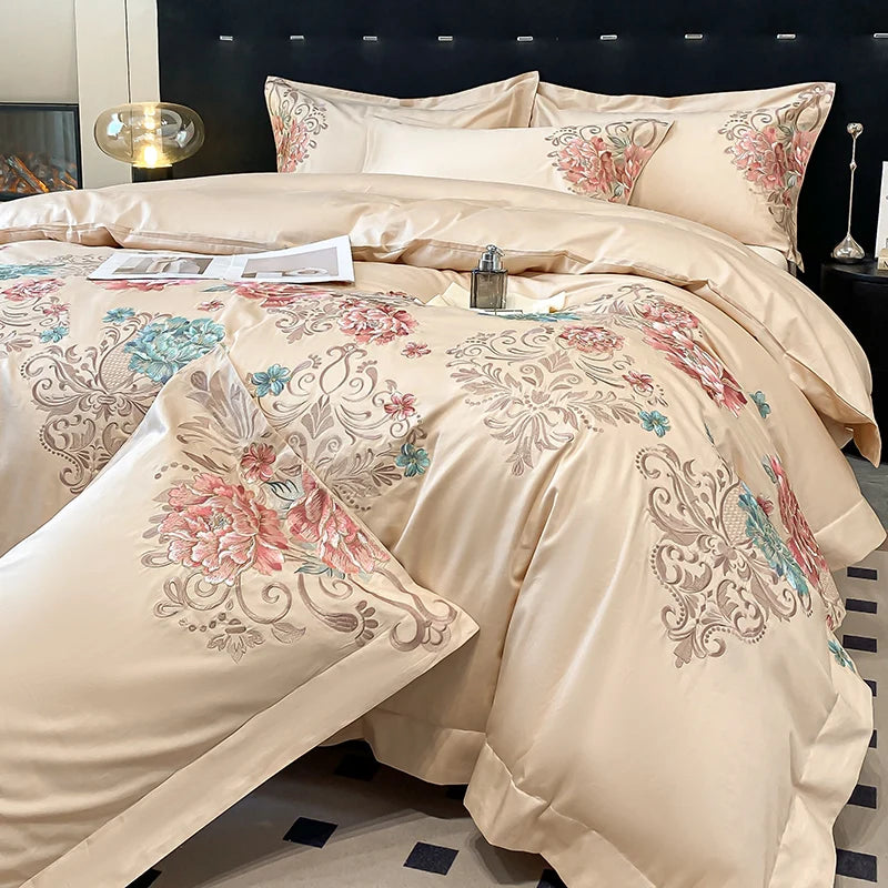 Milk White Bedding Set Luxury, Royal Golden Embroidery Duvet Cover, Flat and Fitted Bed Sheet Cotton,Pillowcases, Home Textiles