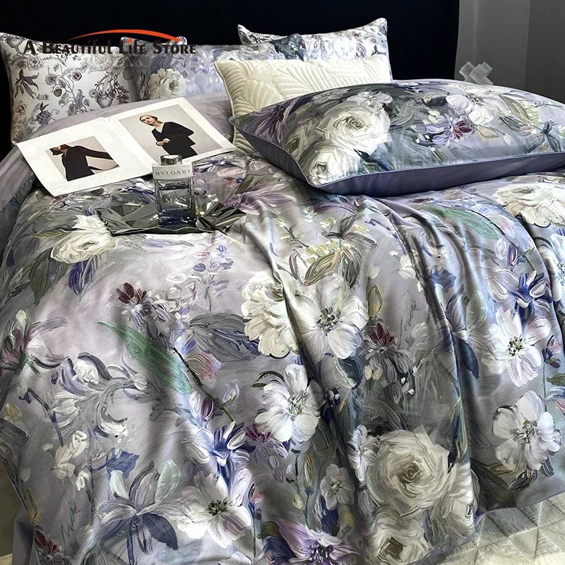 1000TC Egyptian Cotton Bedding Set, Vintage Oil Painting Style, Plant Flowers Pattern, Soft, Duvet Cover, Bed Sheet, Pillowcases