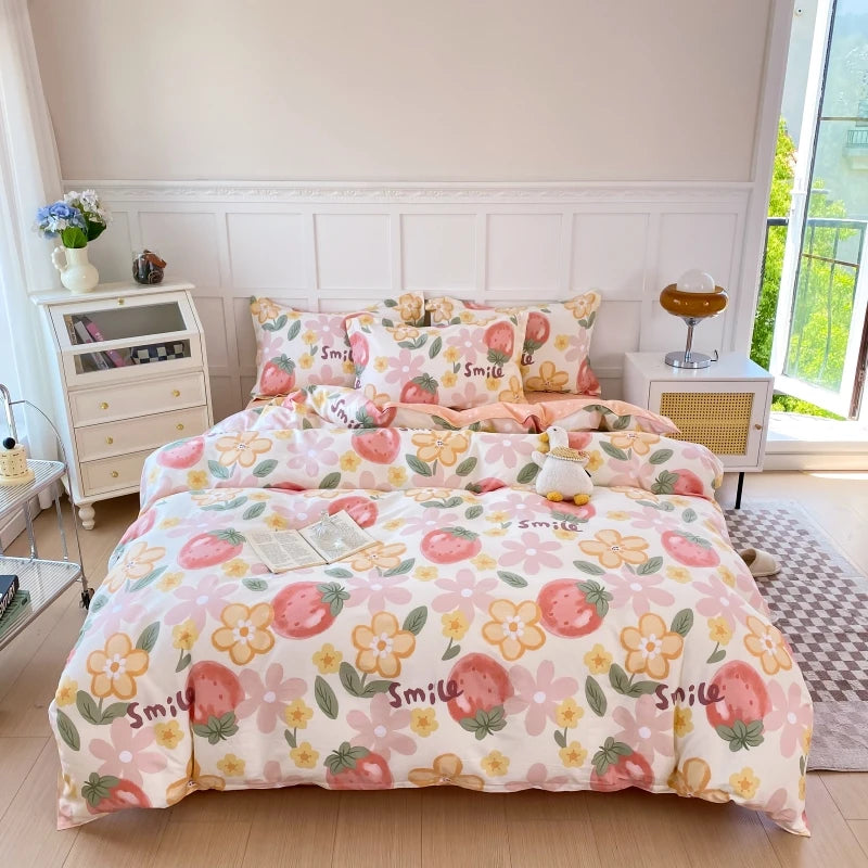 Garden Style Floral Duvet Cover 100% Cotton Boho Aesthetic Green Botanical Bedding Set with Colorful Flower Print Pattern 3Piece