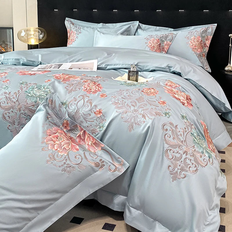 Milk White Bedding Set Luxury, Royal Golden Embroidery Duvet Cover, Flat and Fitted Bed Sheet Cotton,Pillowcases, Home Textiles