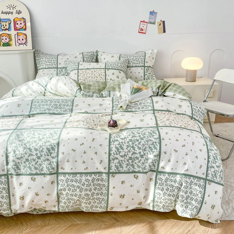 Garden Style Floral Duvet Cover 100% Cotton Boho Aesthetic Green Botanical Bedding Set with Colorful Flower Print Pattern 3Piece