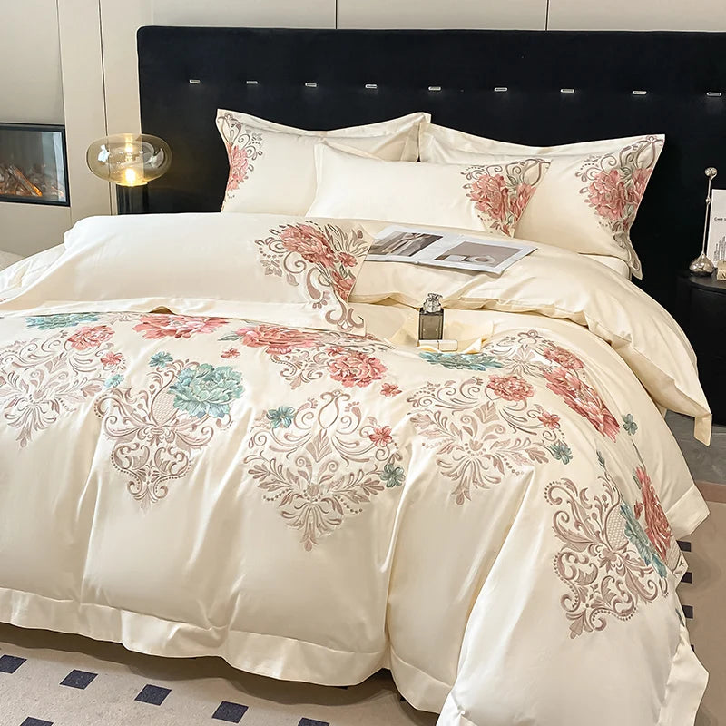 Milk White Bedding Set Luxury, Royal Golden Embroidery Duvet Cover, Flat and Fitted Bed Sheet Cotton,Pillowcases, Home Textiles