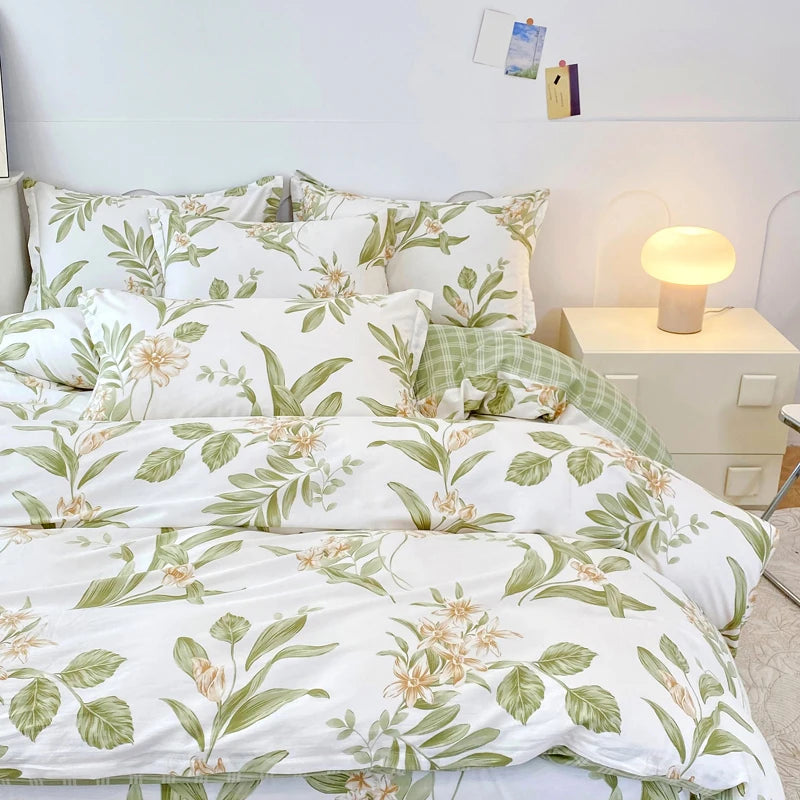 Garden Style Floral Duvet Cover 100% Cotton Boho Aesthetic Green Botanical Bedding Set with Colorful Flower Print Pattern 3Piece